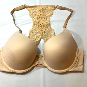 VICTORIA'S SECRET 34C BRA BEIGE Push-Up, lace back PADDED front hook adjustable